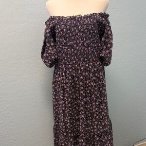 Lauren Conrad Smocked Navy Midi Dress with Pink Floral Print